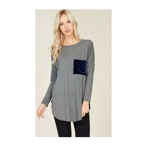 🎉 JAN SALE  $23 - Long Sleeve Grey Top, with Blue Velvet Pocket
